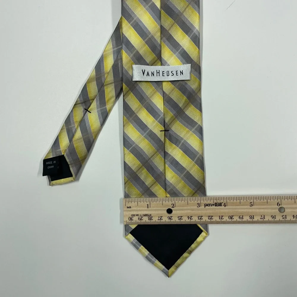 Van Heusen Yellow Grey Plaid Silk Necktie Mens OS
